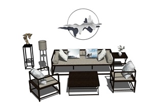 某详细的室内沙发茶几桌椅、装饰画组合设计SU(草图大师)模型