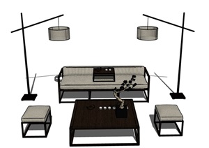 某详细的室内沙发茶几灯饰、桌椅设计SU(草图大师)模型