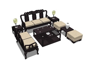 客厅详细的完整沙发茶几椅子组合设计SU(草图大师)模型