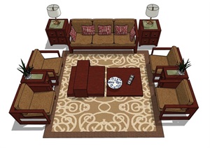 客厅沙发茶几、柜子、灯饰组合素材设计SU(草图大师)模型