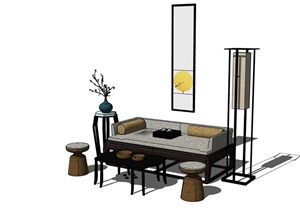 中式客厅沙发茶几组合素材设计SU(草图大师)模型