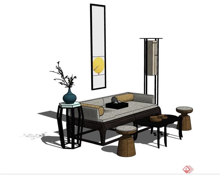 中式客厅沙发茶几组合素材设计su模型