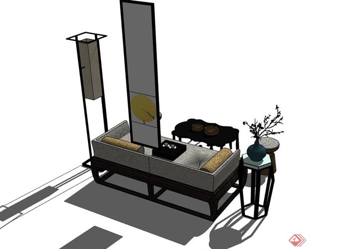 中式客厅沙发茶几组合素材设计su模型