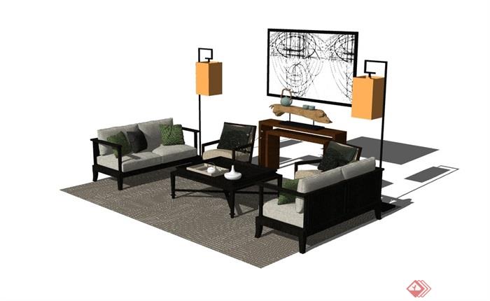 中式详细客厅沙发组合素材设计su模型