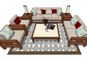 中式沙发茶几组合详细素材设计SU(草图大师)模型