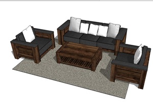 中式完整客厅沙发组合素材设计SU(草图大师)模型