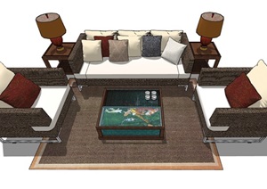 中式独特客厅沙发组合素材设计SU(草图大师)模型