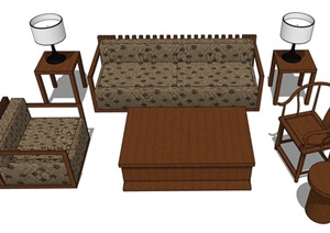 中式客厅沙发茶几素材组合设计SU(草图大师)模型