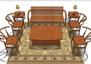 中式木质客厅桌椅组合素材设计SU(草图大师)模型