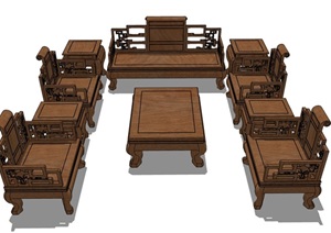 客厅中式木质桌椅组合素材设计SU(草图大师)模型