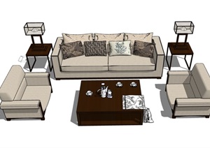 客厅沙发茶几、桌椅、灯饰组合素材设计SU(草图大师)模型