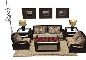 中式客厅沙发组合素材设计SU(草图大师)模型