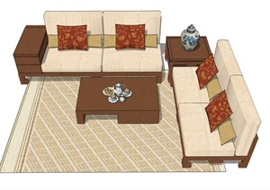 中式客厅沙发茶几完整组合素材设计SU(草图大师)模型