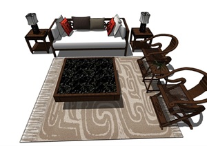 中式风格客厅沙发茶几、桌椅组合素材设计SU(草图大师)模型