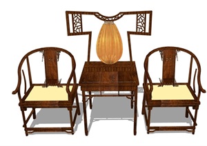 中式风格详细的木桌椅组合设计SU(草图大师)模型