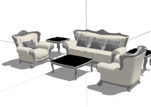 欧式客厅空间详细的完整沙发组合SU(草图大师)模型