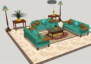 欧式客厅空间详细的完整沙发组合SU(草图大师)模型