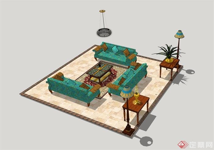 欧式客厅空间详细的完整沙发组合su模型
