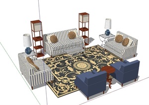 欧式风格详细的完整客厅空间详细的完整沙发组合SU(草图大师)模型