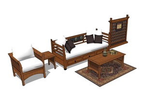 中式客厅沙发茶几、屏风素材设计SU(草图大师)模型