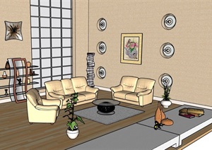 客厅沙发茶几、背景墙素材设计SU(草图大师)模型