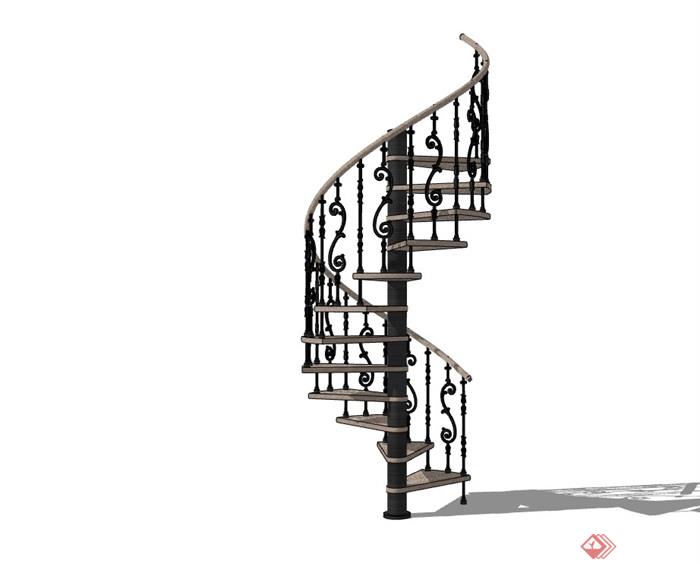 某室内详细的旋转栏杆楼梯设计su模型