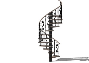 某室内详细的旋转栏杆楼梯设计SU(草图大师)模型