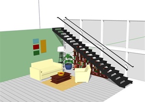 室内完整的沙发茶几、书架、楼梯素材设计SU(草图大师)模型