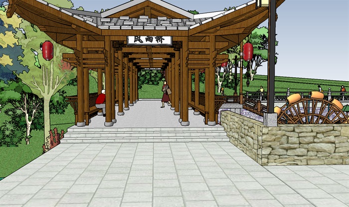 美丽乡村入口节点廊桥景观设计su模型(2)