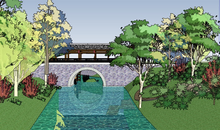 美丽乡村入口节点廊桥景观设计su模型(5)
