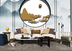 新中式沙发茶几组合 背景墙 沙发SU(草图大师)模型