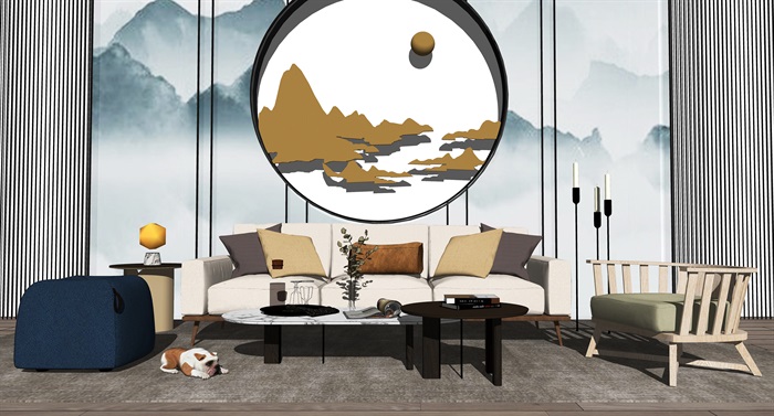新中式沙发茶几组合 背景墙 沙发SU模型(3)