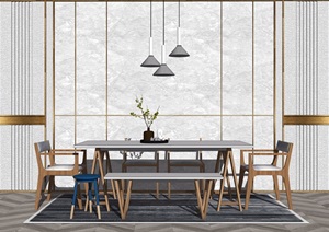 新中式餐桌椅组合背景墙装饰品SU(草图大师)模型