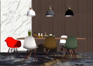 现代餐桌椅组合背景墙装饰品SU(草图大师)模型