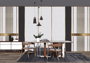 现代餐桌椅组合 背景墙 装饰品 边几 SU(草图大师)模型