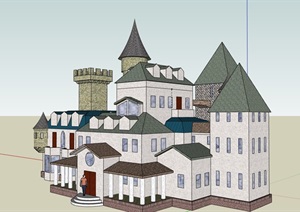 欧式风格详细的整体完整教堂建筑SU(草图大师)模型