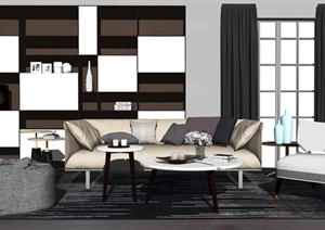 现代沙发茶几组合 装饰品 背景墙 抱枕SU(草图大师)模型