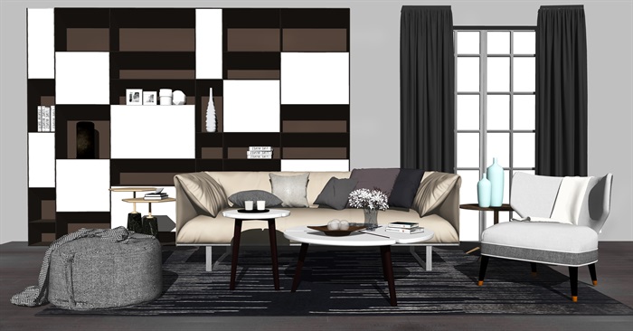 现代沙发茶几组合 装饰品 背景墙 抱枕su模型(2)