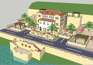 西班牙风格山地双拼别墅及庭院建筑与景观方案SU(草图大师)模型