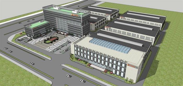 现代培恩电器厂房+办公楼建筑方案SU模型(2)