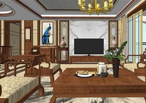 新中式三房两厅户型家装设计方案SU(草图大师)模型
