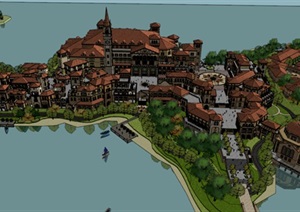 西班牙风格商业度假小镇建筑与景观方案SU(草图大师)模型