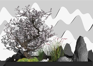 新中式庭院景观景观小品石头景观树SU(草图大师)模型1