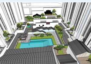 两个南京建发新中式公寓住宅建筑与景观方案SU(草图大师)模型