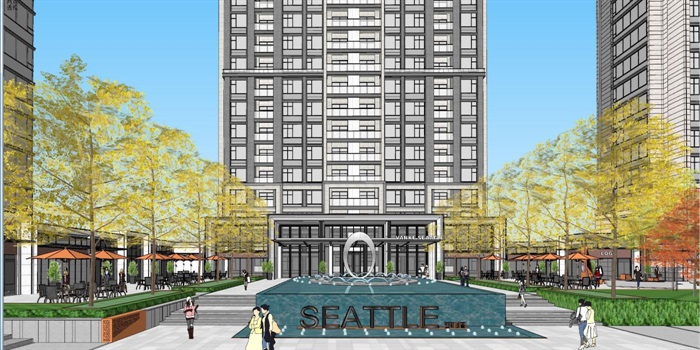 杭州万科·融信西雅图高层住宅+商业项目建筑与景观方案SU模型(1)