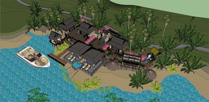 东南亚风格海边民宿建筑与景观方案SU模型(3)