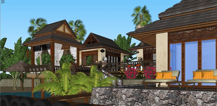 东南亚风格海边民宿建筑与景观方案SU模型(9)