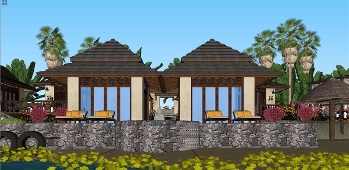 东南亚风格海边民宿建筑与景观方案SU模型(16)