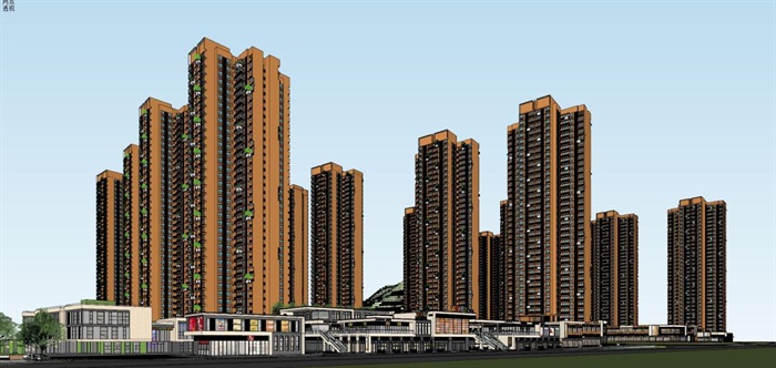 广州万科里享家坊城高层+商业建筑设计方案SU模型(5)