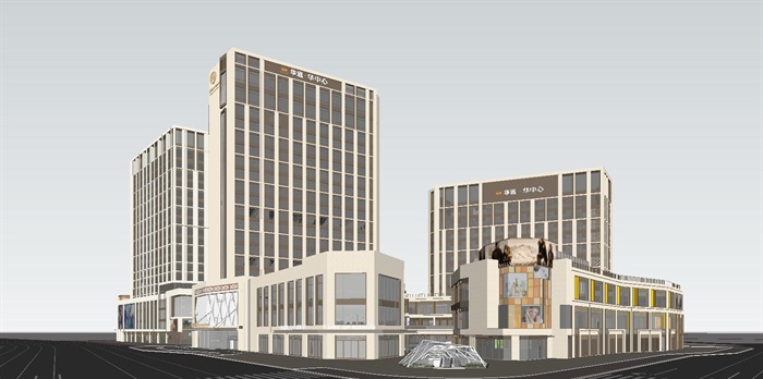 濮阳华远华中心商业综合体（彩玻+办公+宴会厅）建筑方案SU模型(1)